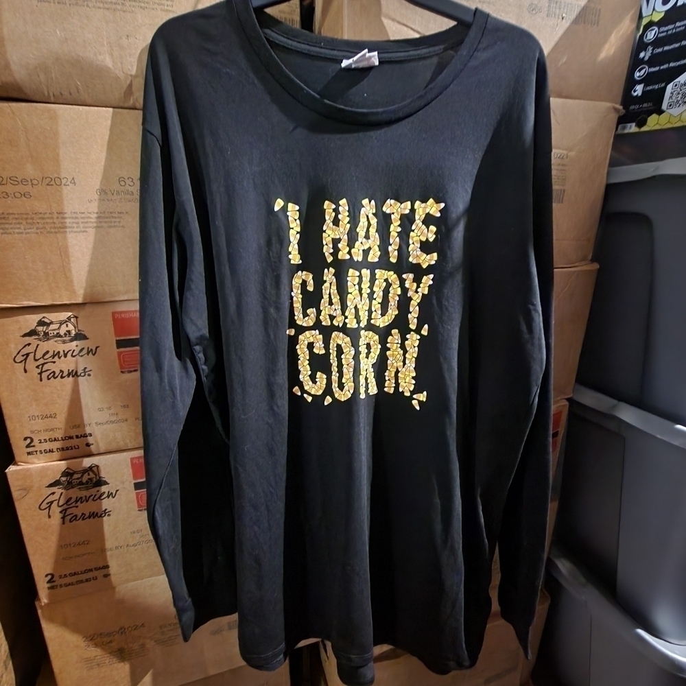 LuLaRoe Black Hudson Graphic Long Sleeve "I Hate Candy Corn" Women's XL Fall EUC